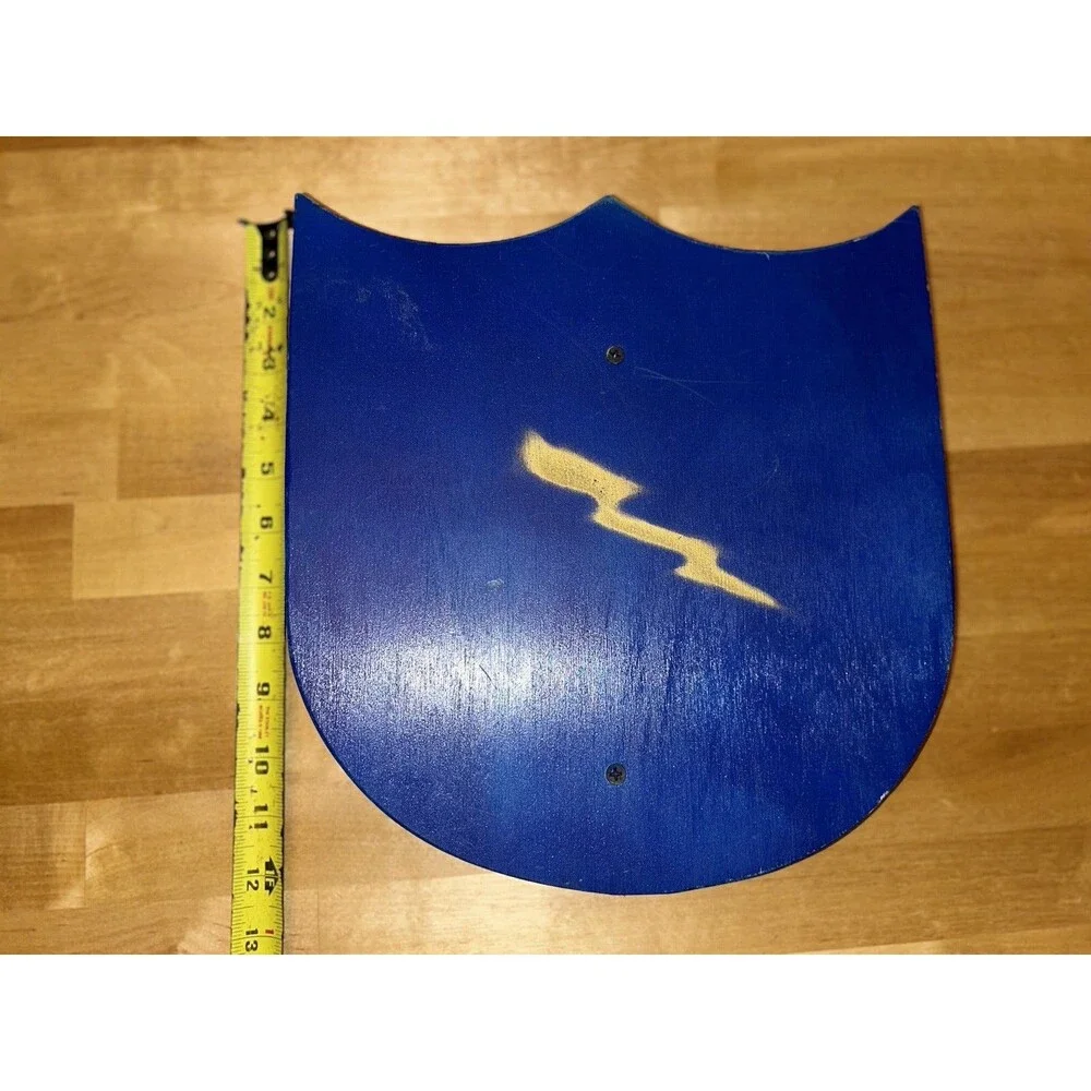 Handmade Blue Wooden Toy Shield With Handle and Lightning Bolt
